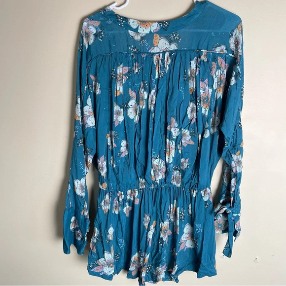 Free People Shirt Tuscan Dreams Printed Tunic Turquoise Blue Boho Floral Top - Picture 9 of 13